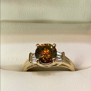 2.02 carat orange/brown FANCY round diamond (SI2) w/.30 white diamonds, 14kt